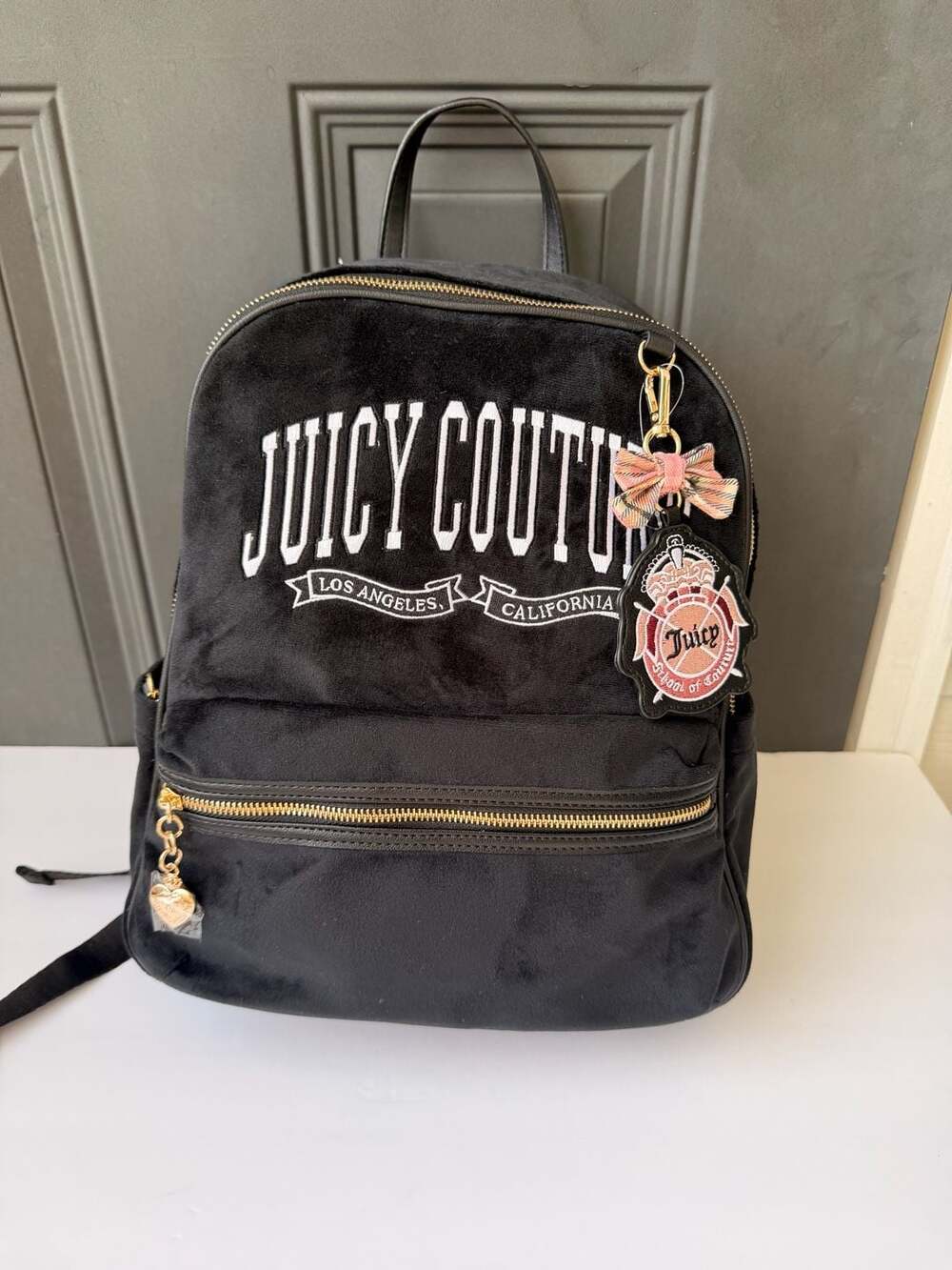 Juicy Couture School Of Couture Black Velour Backpack With Heritage Charm
